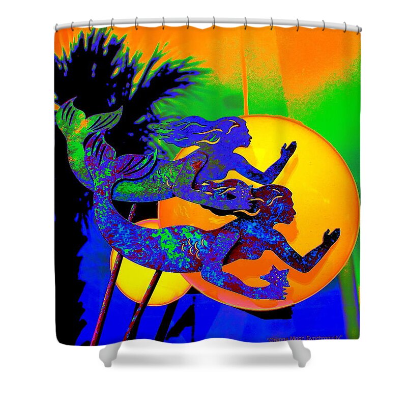 Mermaid Shower Curtain featuring the digital art Orange Moon Synchronicity by Larry Beat
