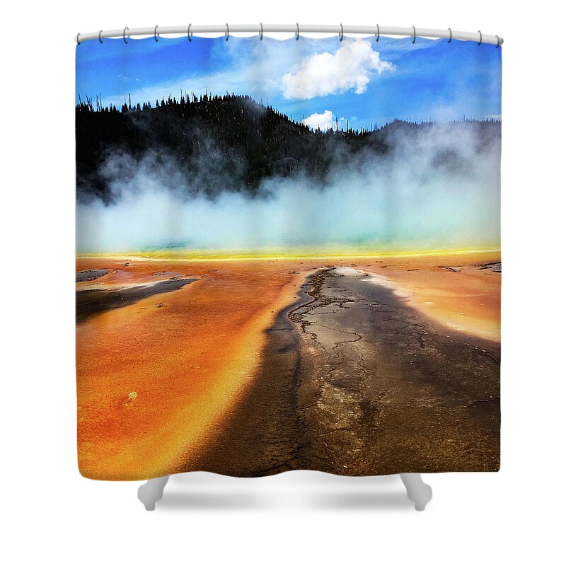 Yellowstone Shower Curtain featuring the photograph Orange runoff at Grand Prismatic by Aparna Tandon
