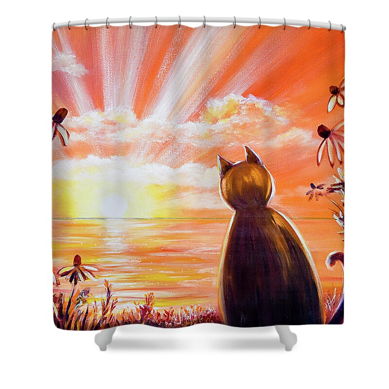 Cat Shower Curtain featuring the painting Orange Sunset with a Cat by Gina De Gorna