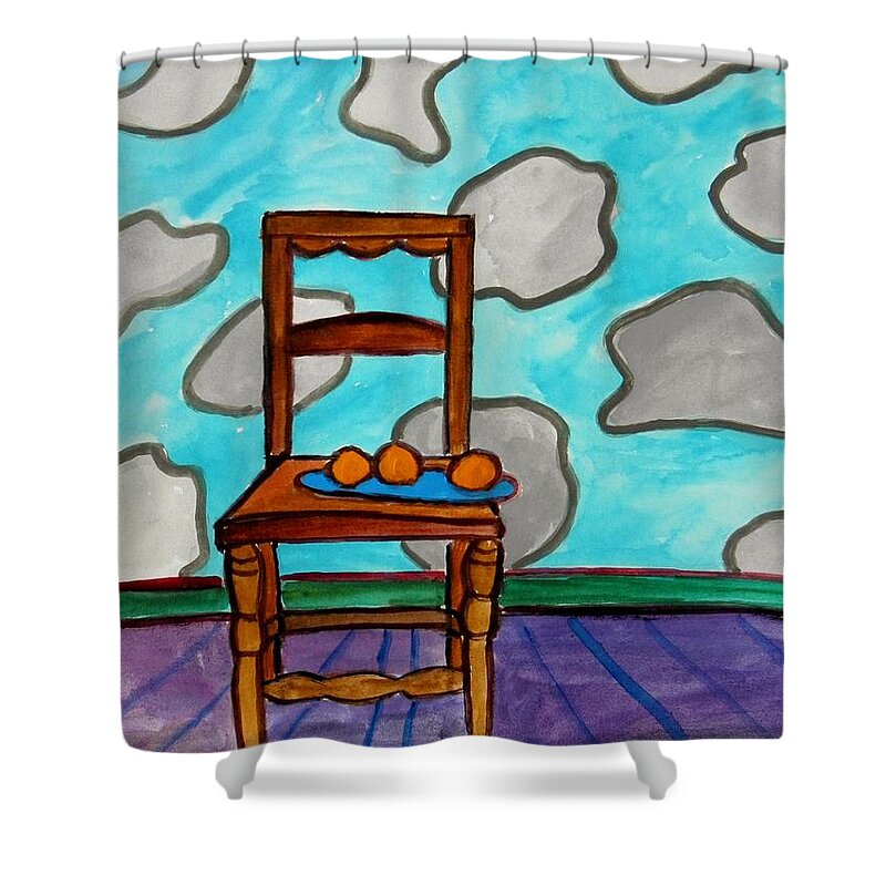 Chair Shower Curtain featuring the painting Oranges on a Blue Plate by John Williams