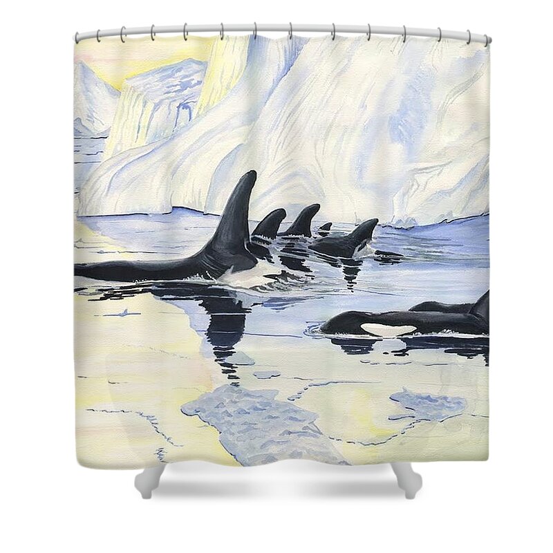 Sea Shower Curtain featuring the digital art Orcas by Darren Cannell