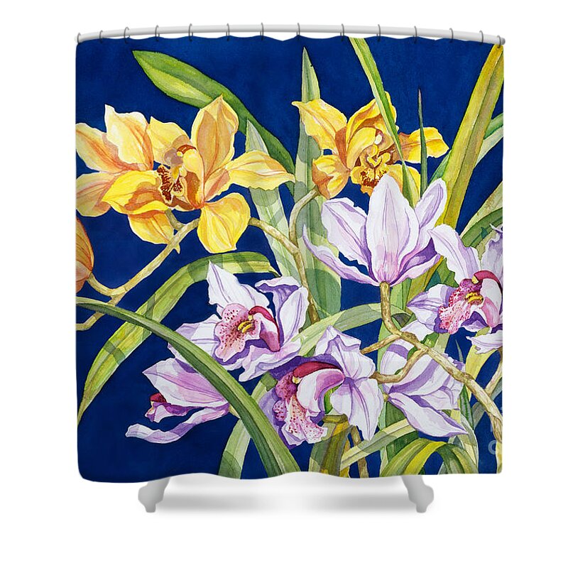 Orchids Shower Curtain featuring the painting Orchids In Blue by Lucy Arnold