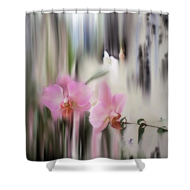 Orchids Shower Curtain featuring the digital art Orchids with dragonflies by Sand And Chi