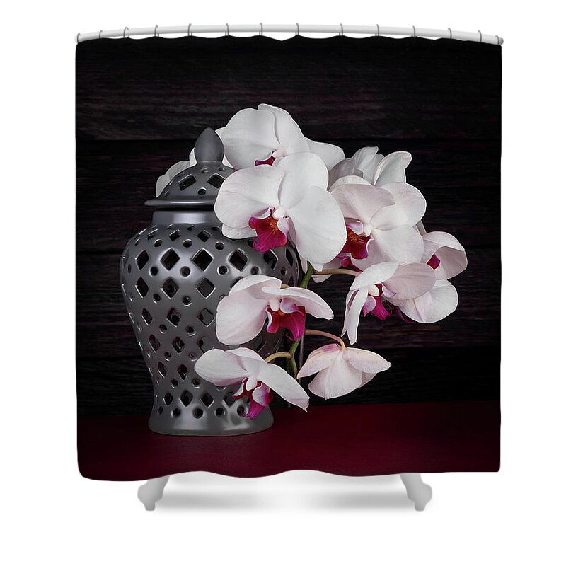 Flower Shower Curtain featuring the photograph Orchids with Gray Ginger Jar by Tom Mc Nemar