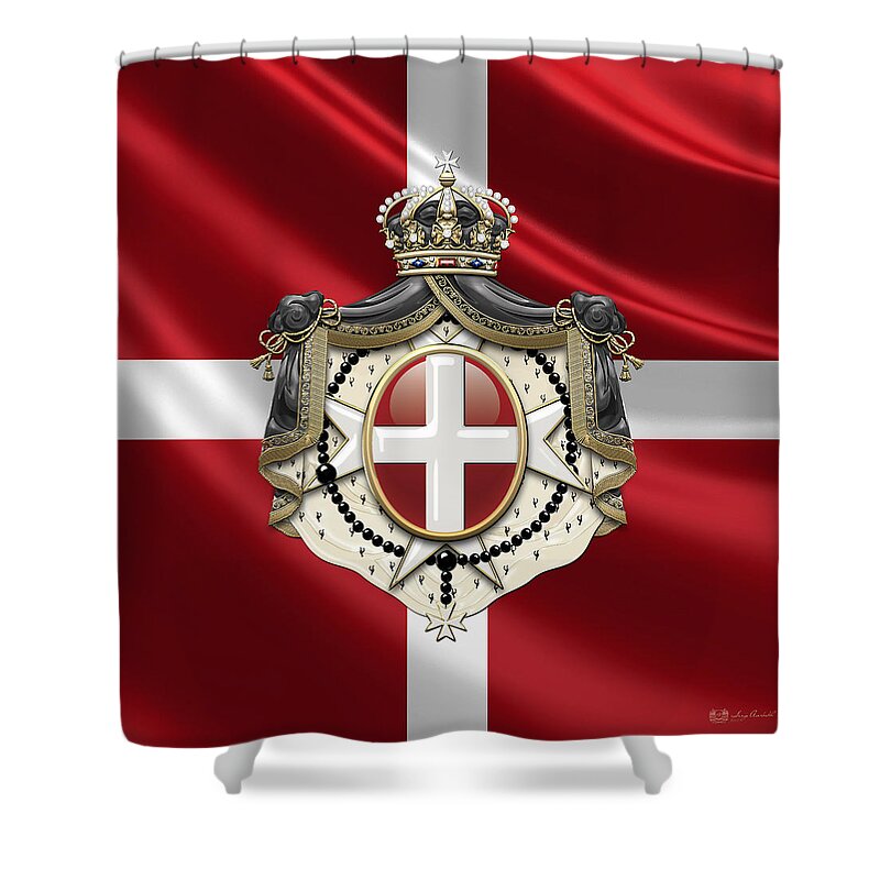 �ancient Brotherhoods� Collection By Serge Averbukh Shower Curtain featuring the photograph Order of Malta Coat of Arms over Flag by Serge Averbukh