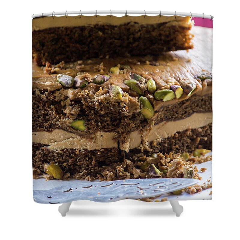 Baked Shower Curtain featuring the photograph Organic Coffee and Pistachio Cake B by Jacek Wojnarowski