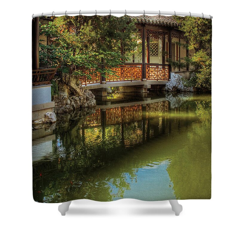 Savad Shower Curtain featuring the photograph Orient - Bridge - The Chinese Garden by Mike Savad