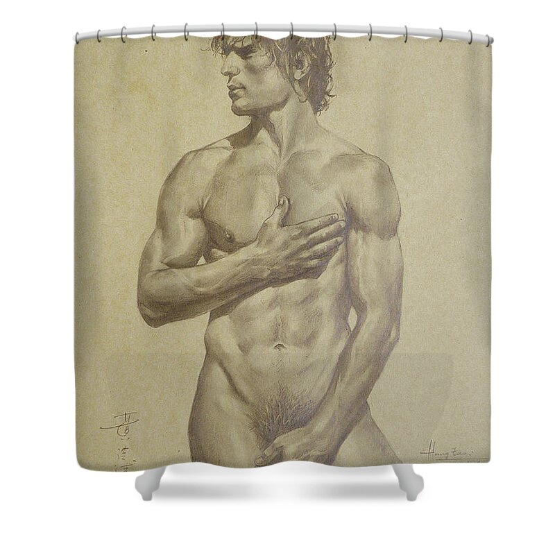 Drawing Shower Curtain featuring the drawing Original Artwork Drawing Sketch Male Nude Man On Brown Paper#16-6-16-03 by Hongtao Huang
