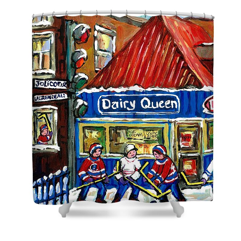 Dairy Queen Shower Curtain featuring the painting Original Canadian Hockey Art Paintings For Sale Snowfall At Dairy Queen Ville Emard Montreal Winter by Carole Spandau