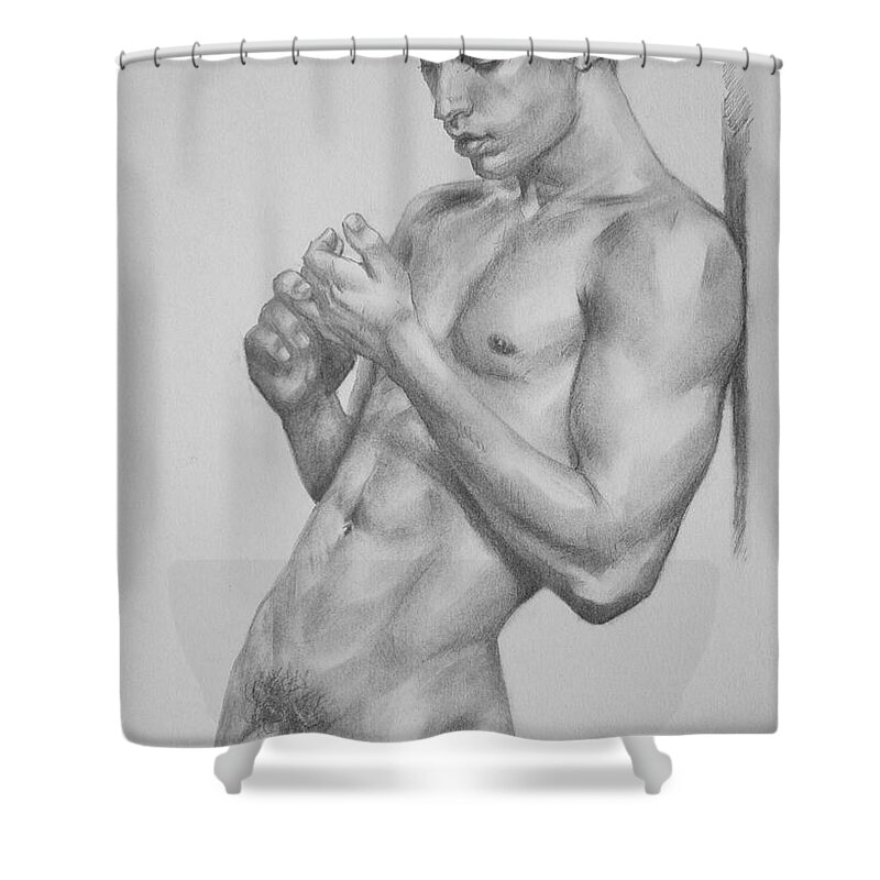 Original Art Shower Curtain featuring the painting Original Charcoal Drawing Art Male Nude Man On Paper #16-3-18-05 by Hongtao Huang