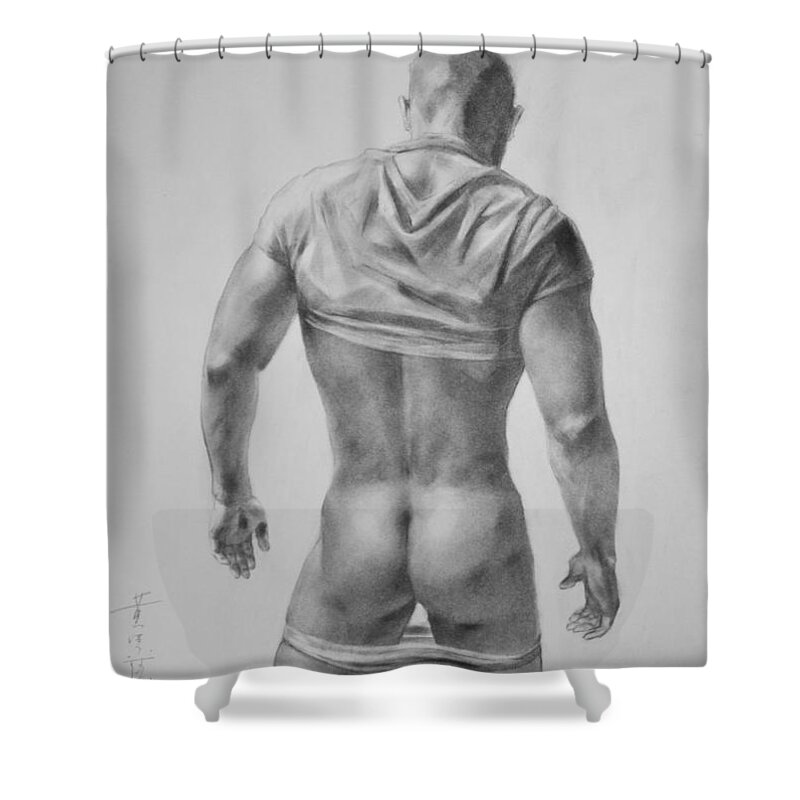 Original Art Shower Curtain featuring the painting Original Drawing Sketch Charcoal Male Nude Gay Interest Man Art Pencil On Paper #11-17-19 by Hongtao Huang