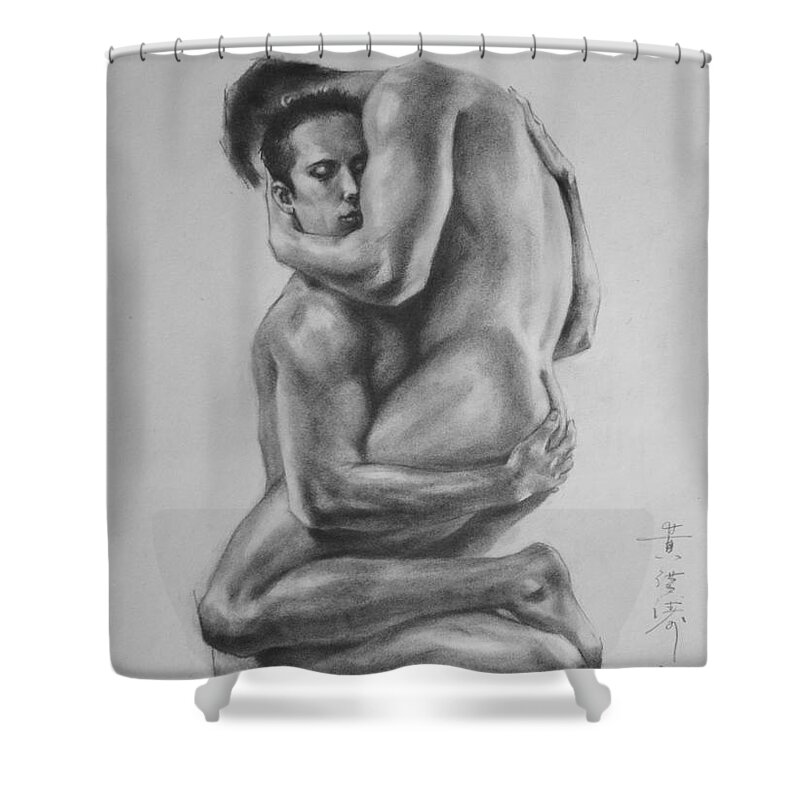 Original Art Shower Curtain featuring the painting Original Drawing Sketch Charcoal Male Nude Gay Interest Man Art Pencil On Paper-0051 by Hongtao Huang