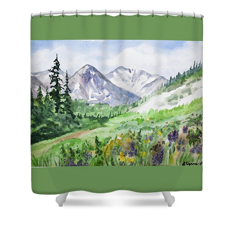 Colorado Shower Curtain featuring the painting Original Watercolor - Colorado Mountains and Flowers by Cascade Colors