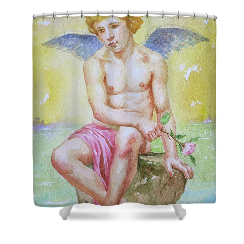 Watercolour Shower Curtain featuring the drawing Original Watercolour Angel Of Nude Boy On Paper#16-11-2-01 by Hongtao Huang