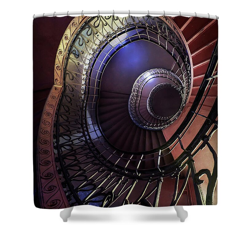 Architecture Shower Curtain featuring the photograph Ornamented metal spiral staircase by Jaroslaw Blaminsky