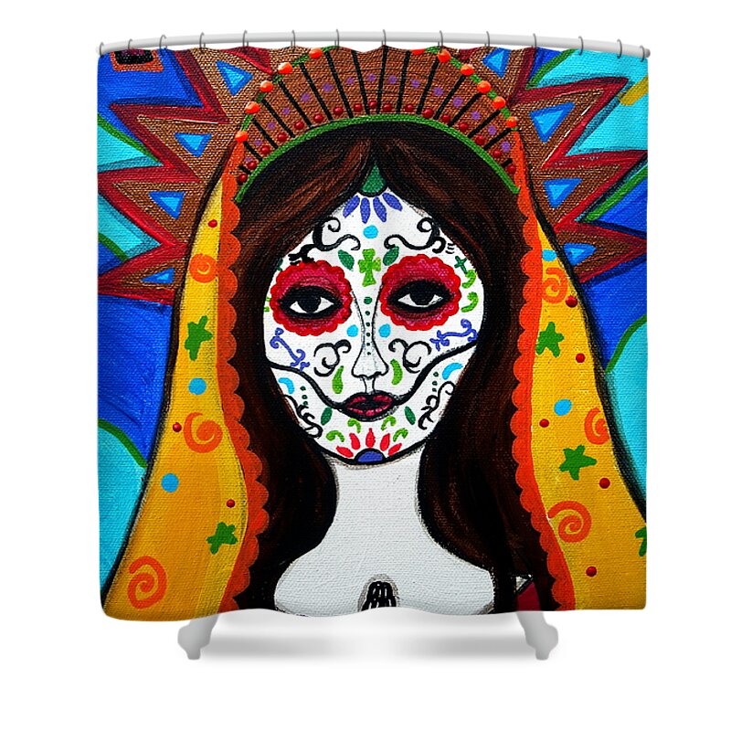 Virgin Shower Curtain featuring the painting Our Lady Of Guadalupe Dia De Los Muertos by Pristine Cartera Turkus