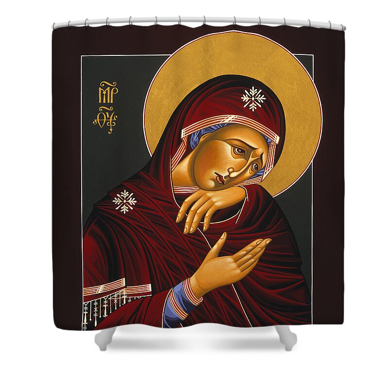 Our Lady Of Sorrows Is Part Of The Triptych Of The Passion With Jesus Christ Extreme Humility And St. John The Apostle Shower Curtain featuring the painting Our Lady of Sorrows 028 by William Hart McNichols