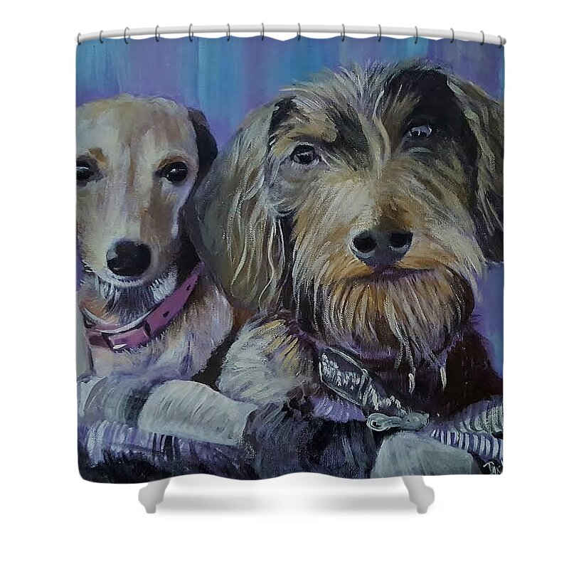 A Shower Curtain featuring the painting Our Pups by Jan VonBokel
