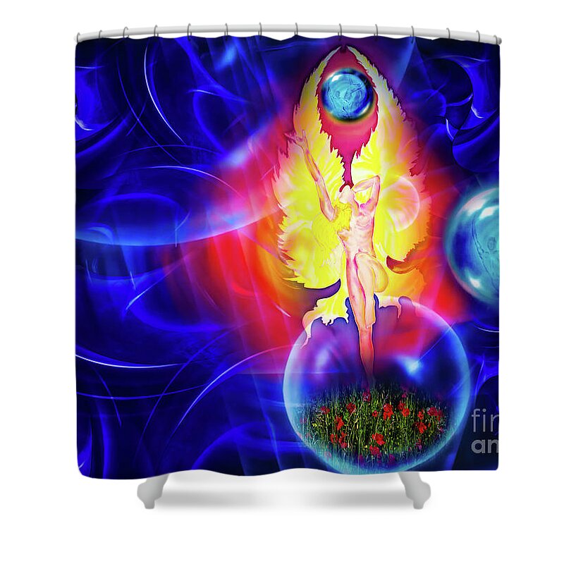 Mystical World Shower Curtain featuring the painting Our world is a magic - Angel love by Walter Zettl