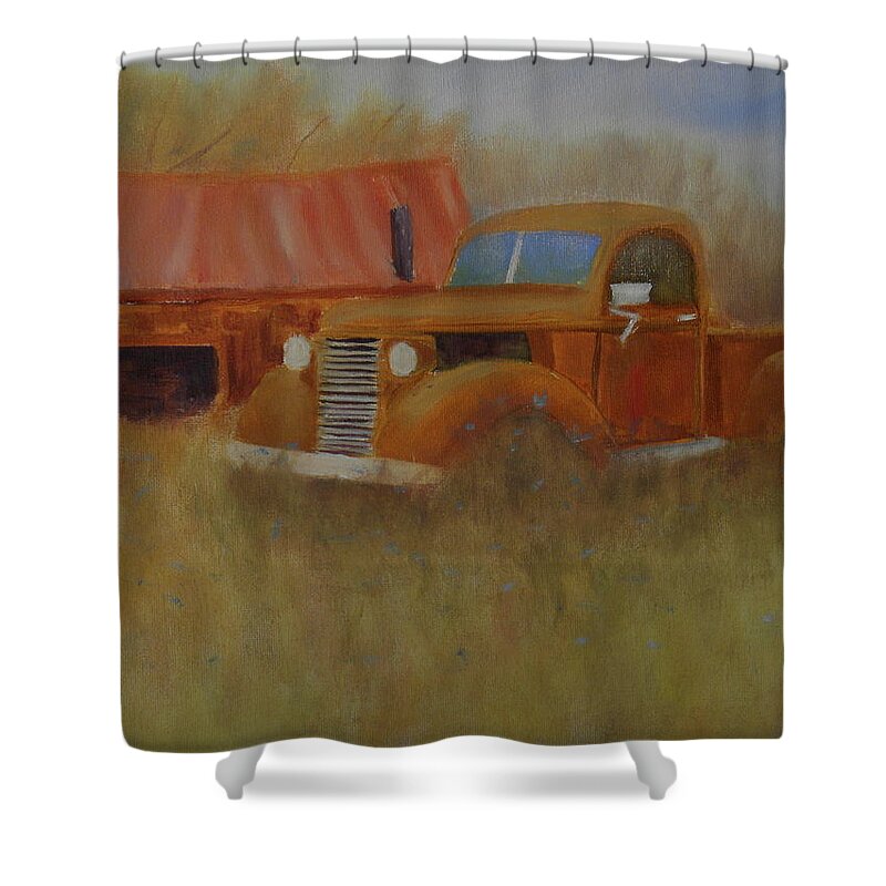 Truck Barn Landscape Field Pasture Maine Shower Curtain featuring the painting Out To Pasture by Scott W White