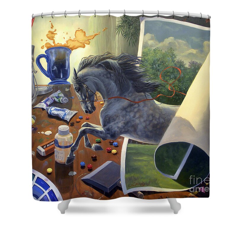 American Saddlebred Art Shower Curtain featuring the painting Over The Edge by Jeanne Newton Schoborg