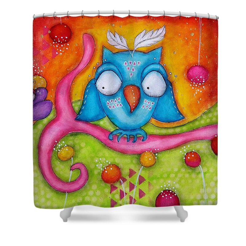 Colorful Shower Curtain featuring the mixed media Owl-ala by Barbara Orenya