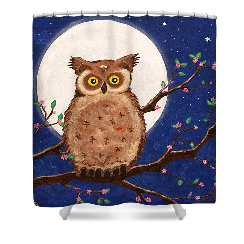 My First Acrylic Painting. Shower Curtain featuring the painting Owl in the Night by Nina Bradica