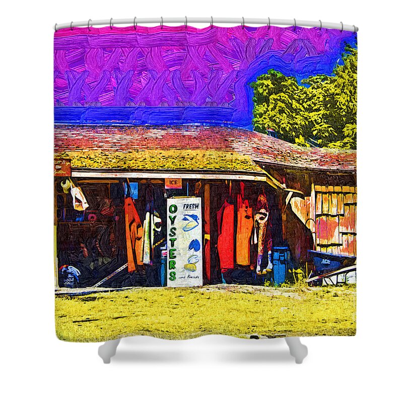 Roche-harbor Shower Curtain featuring the digital art Oyster Hut by Kirt Tisdale