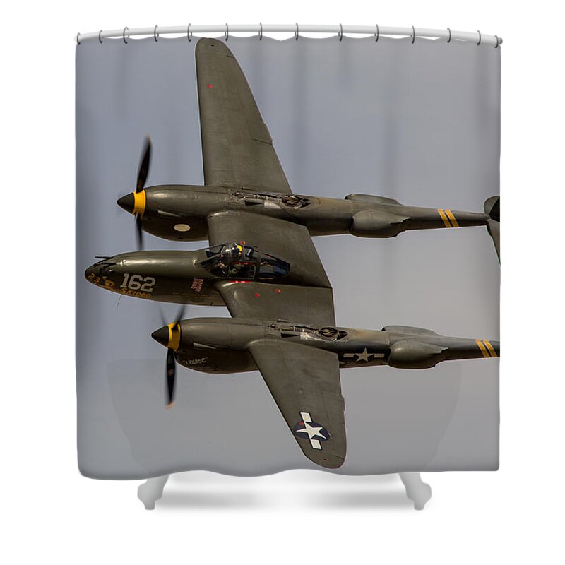 P-38 Shower Curtain featuring the photograph P-38 Skidoo by John Daly