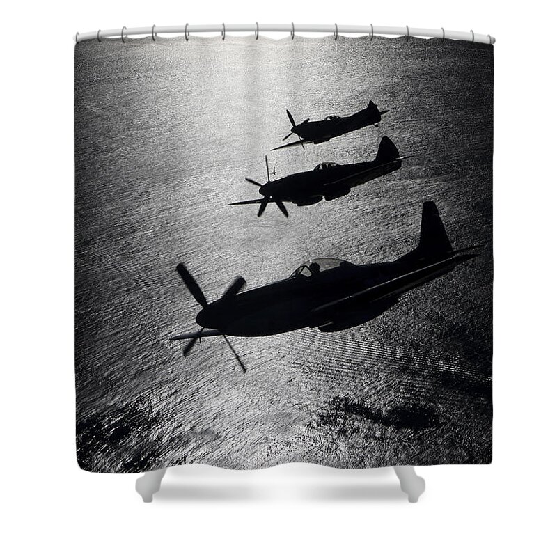 Transportation Shower Curtain featuring the photograph P-51 Cavalier Mustang With Supermarine by Daniel Karlsson