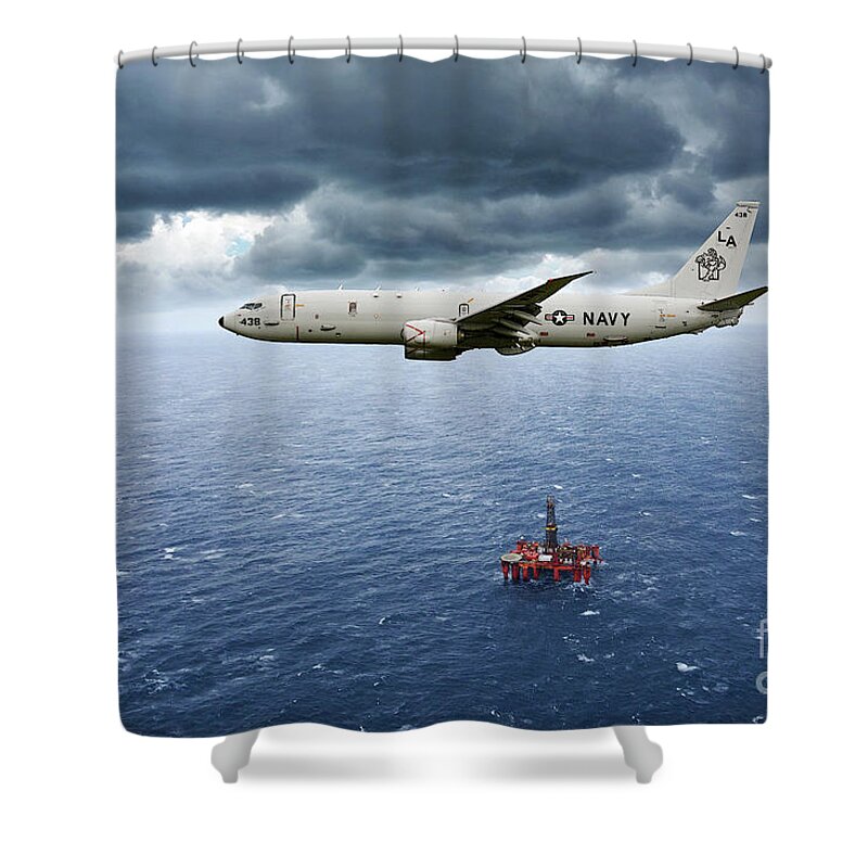 P-8 Poseidon Shower Curtain featuring the digital art P-8 Poseidon God Of The Seas by Airpower Art