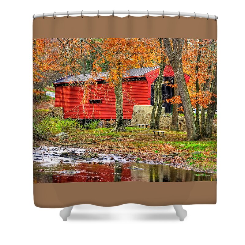 Bartrams Covered Bridge Shower Curtain featuring the photograph PA Country Roads- Bartrams / Goshen Covered Bridge Over Crum Creek No.11 Chester / Delaware Counties by Michael Mazaika
