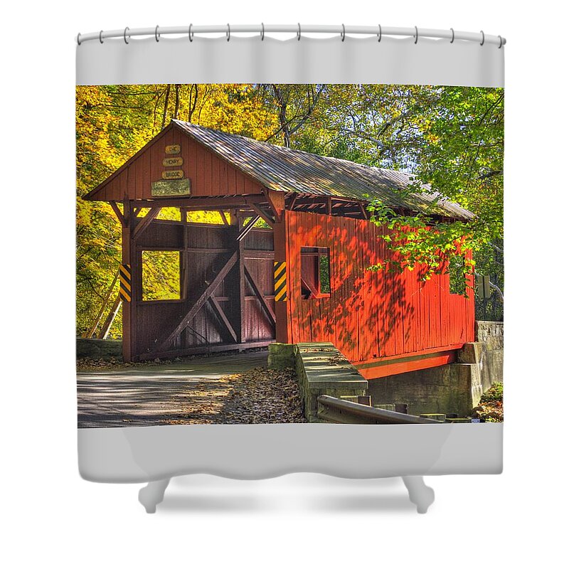 Henry Covered Bridge Shower Curtain featuring the photograph PA Country Roads - Henry Covered Bridge Over Mingo Creek No. 3A - Autumn Washington County by Michael Mazaika