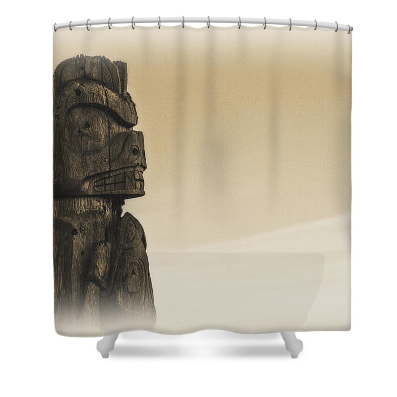 Sign Shower Curtain featuring the photograph Pacific Northwest Totem Pole Old Yellow by Pelo Blanco Photo