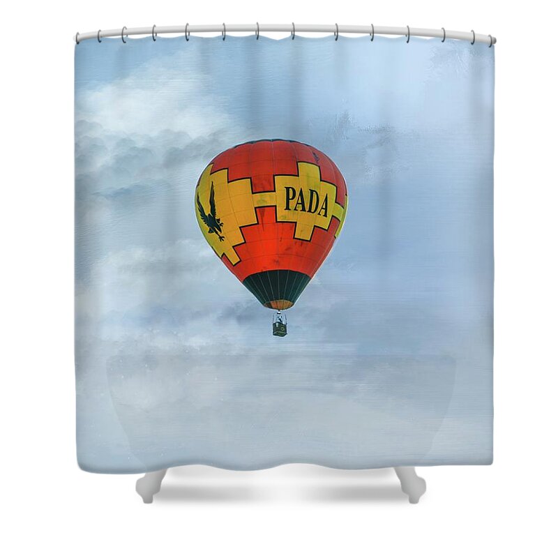 Hot Air Balloon Shower Curtain featuring the photograph PADA Flying Hi by Mary Timman