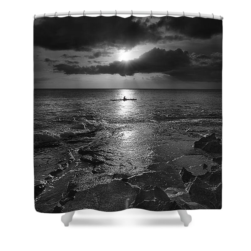 Kayak Shower Curtain featuring the photograph Paddle to the sun by Tin Lung Chao