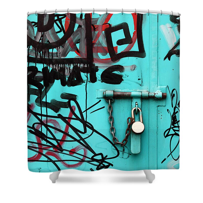 Door Shower Curtain featuring the photograph Padlock and Graffiti by James Brunker