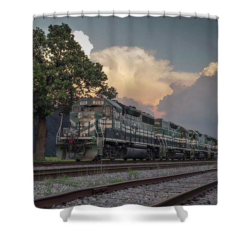 P&l Shower Curtain featuring the photograph Paducah and Louisville Railway DPU coal train at Calvert City, Ky by Jim Pearson