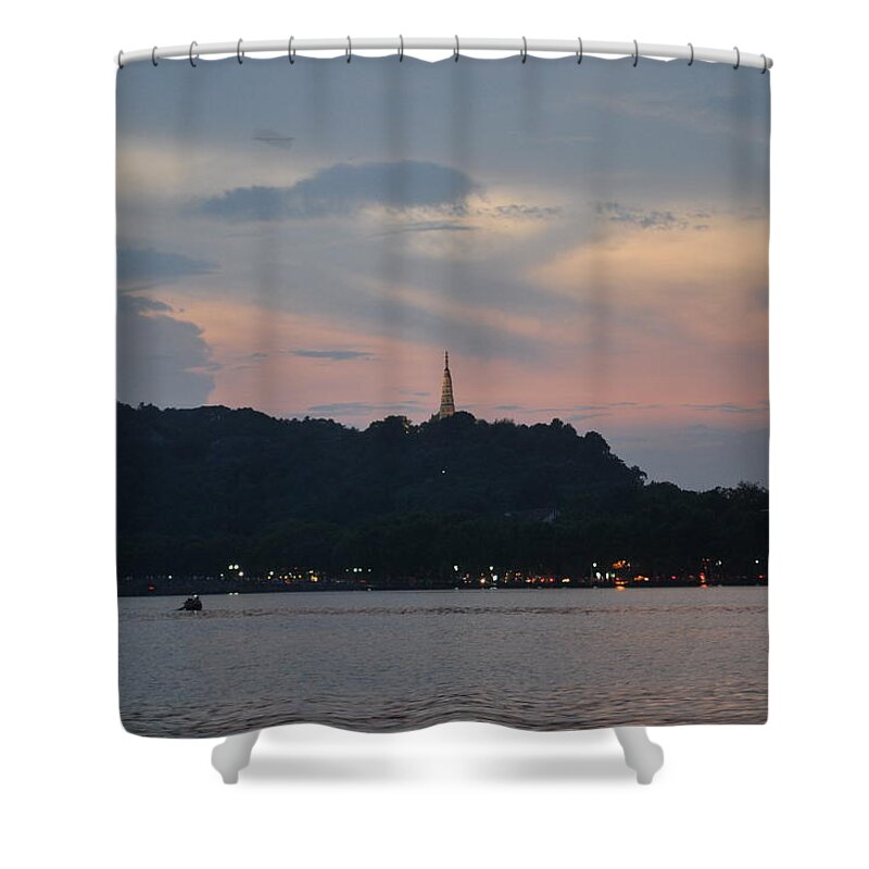 China Shower Curtain featuring the photograph Pagoda in the Sunset by Jason Chu