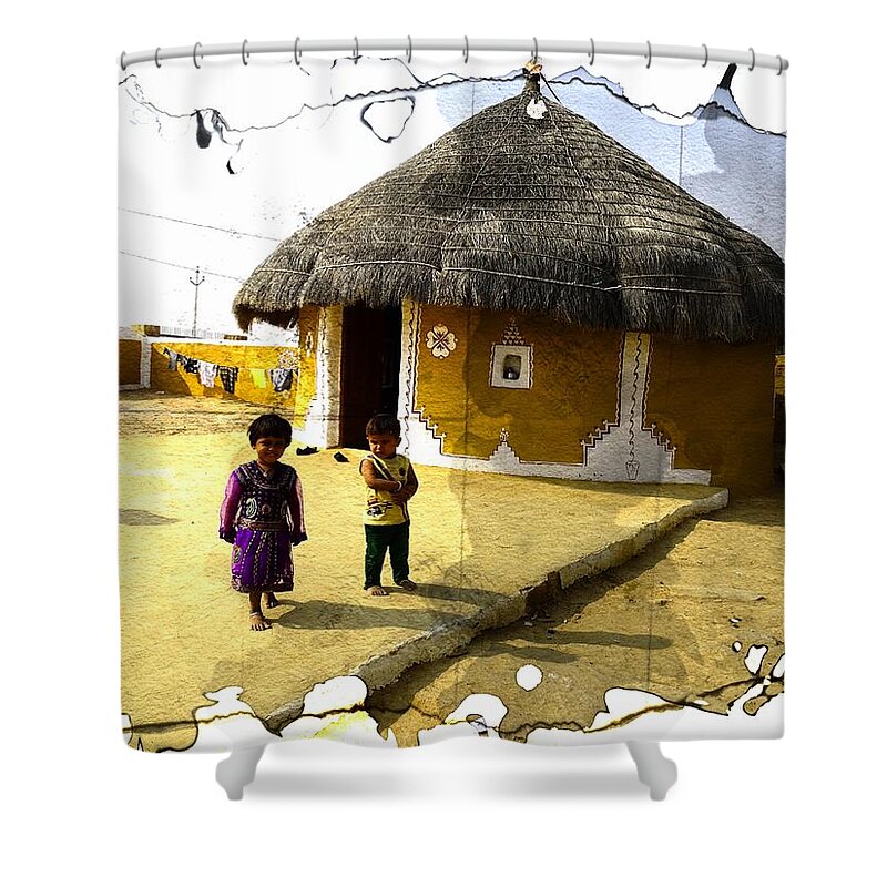Cowdung Shower Curtain featuring the photograph Painted Houses Cowdung Mud Round Huts Kids India Rajasthan 1f by Sue Jacobi