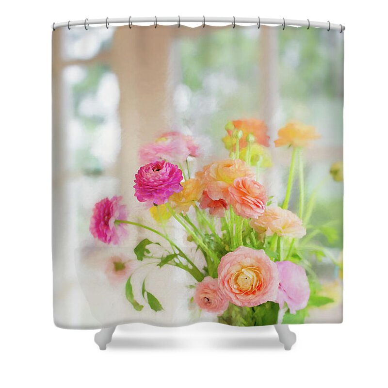 Ranunculus Shower Curtain featuring the photograph Painterly Spring Morning Floral by Susan Gary
