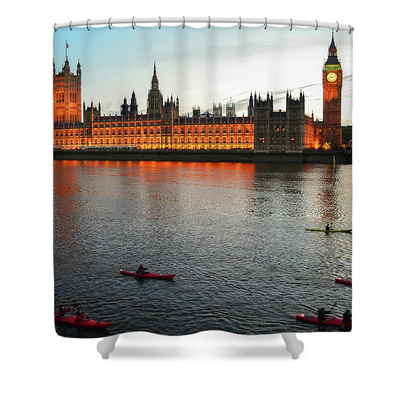 Palace Of Westminster Shower Curtain featuring the photograph Palace of Westminster Along The Thames River by Bob Cuthbert