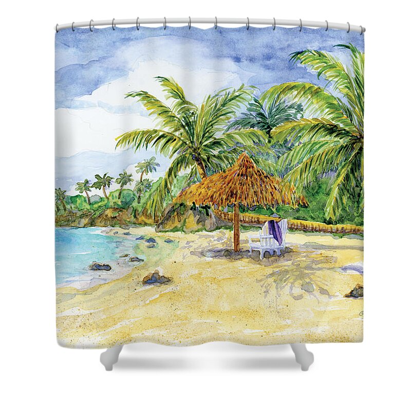 Palappa Shower Curtain featuring the painting Palappa n Adirondack Chairs on a Caribbean Beach by Audrey Jeanne Roberts