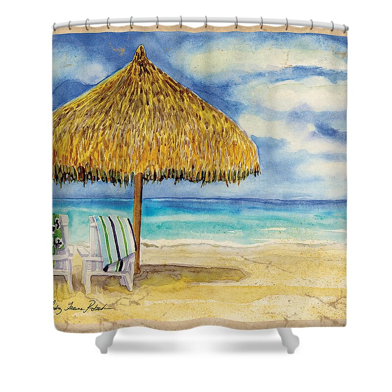 Palappa Shower Curtain featuring the painting Palappa n Adirondack Chairs on the Mexican Shore by Audrey Jeanne Roberts