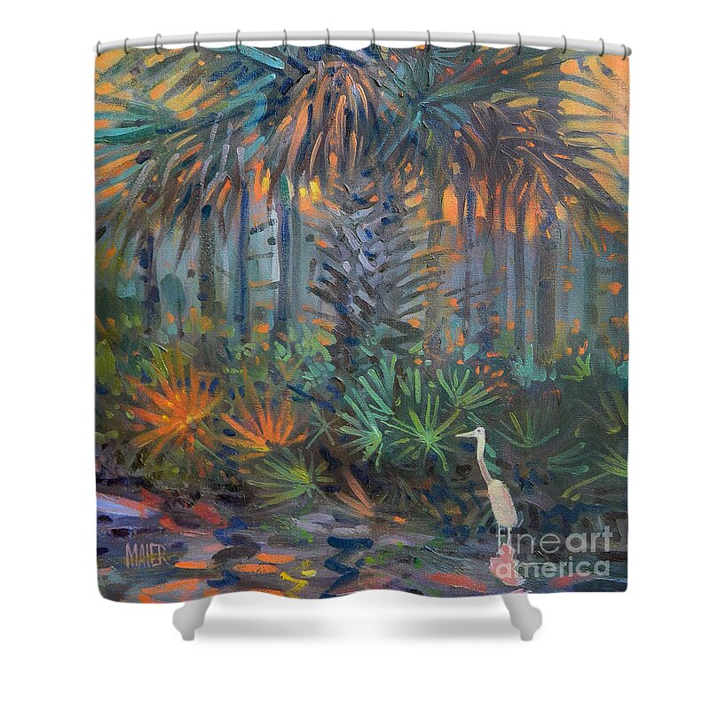 Egret Shower Curtain featuring the painting Palm and Egret by Donald Maier