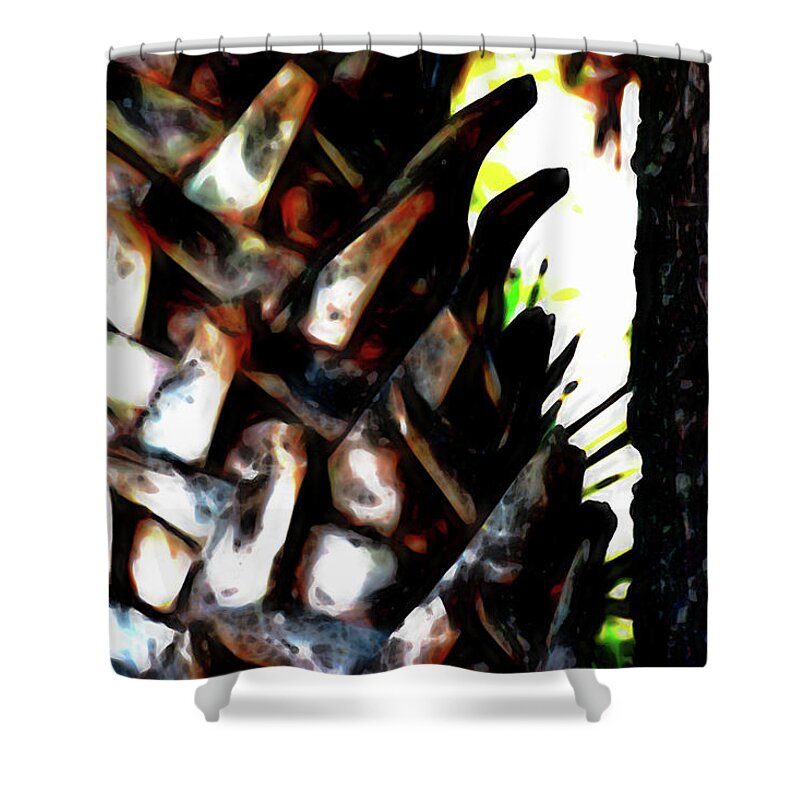Palm Tree Trunk Shower Curtain featuring the photograph Palm and Oak Trunks by Gina O'Brien