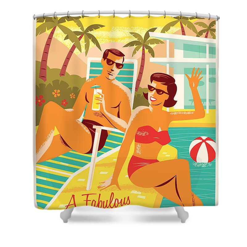 Pop Art Shower Curtain featuring the digital art Palm Springs Poster - Retro Travel by Jim Zahniser