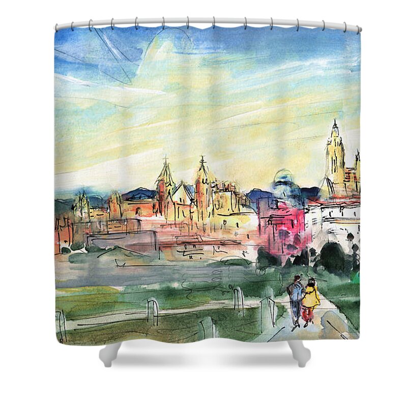 Travel Shower Curtain featuring the painting Palma De Mallorca Panoramic 02 by Miki De Goodaboom
