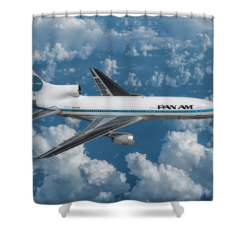 Pan American Airlines Shower Curtain featuring the digital art Pan Am Clipper Black Hawk by Erik Simonsen