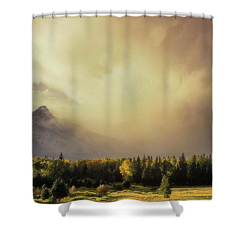 North America Shower Curtain featuring the photograph Panorama Clearing Storm over the Grand Tetons by Dave Welling